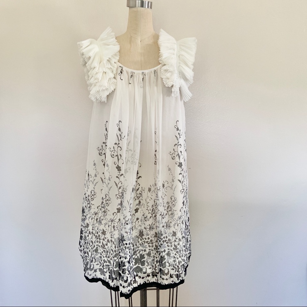 Unique Silk White + Black Floral Dress With Ruffle Trim Sleeve